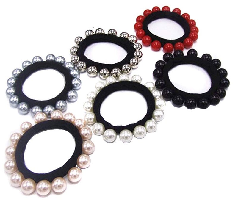 Suoirblss 10 Pcs Women Polychromatic Imitation Pearl Elastic Hair Bands Cotton Stretch Hair Ties Ponytail Girl Headbands Hair Ropes Hair Accessories - Image 1